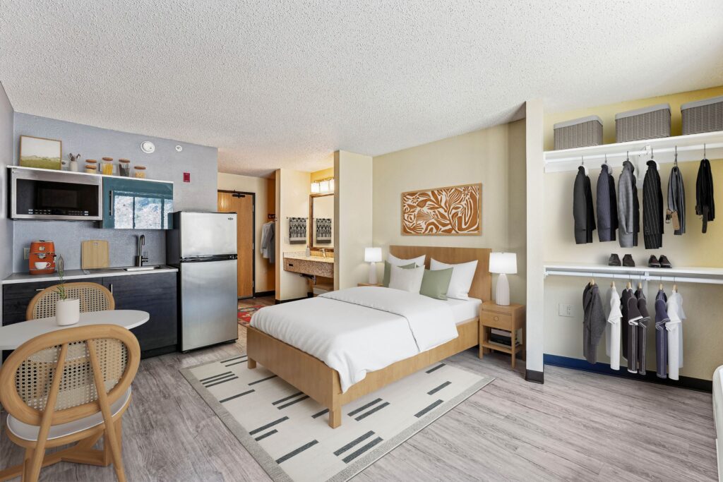 Studio apartment with kitchenette and clothing storage