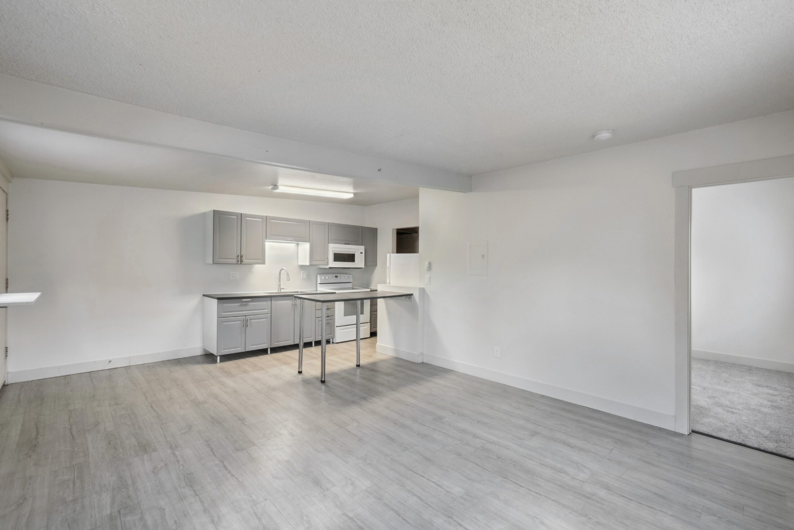 Living room and open kitchen in a one bedroom apartment at Flats on 2nd scaled