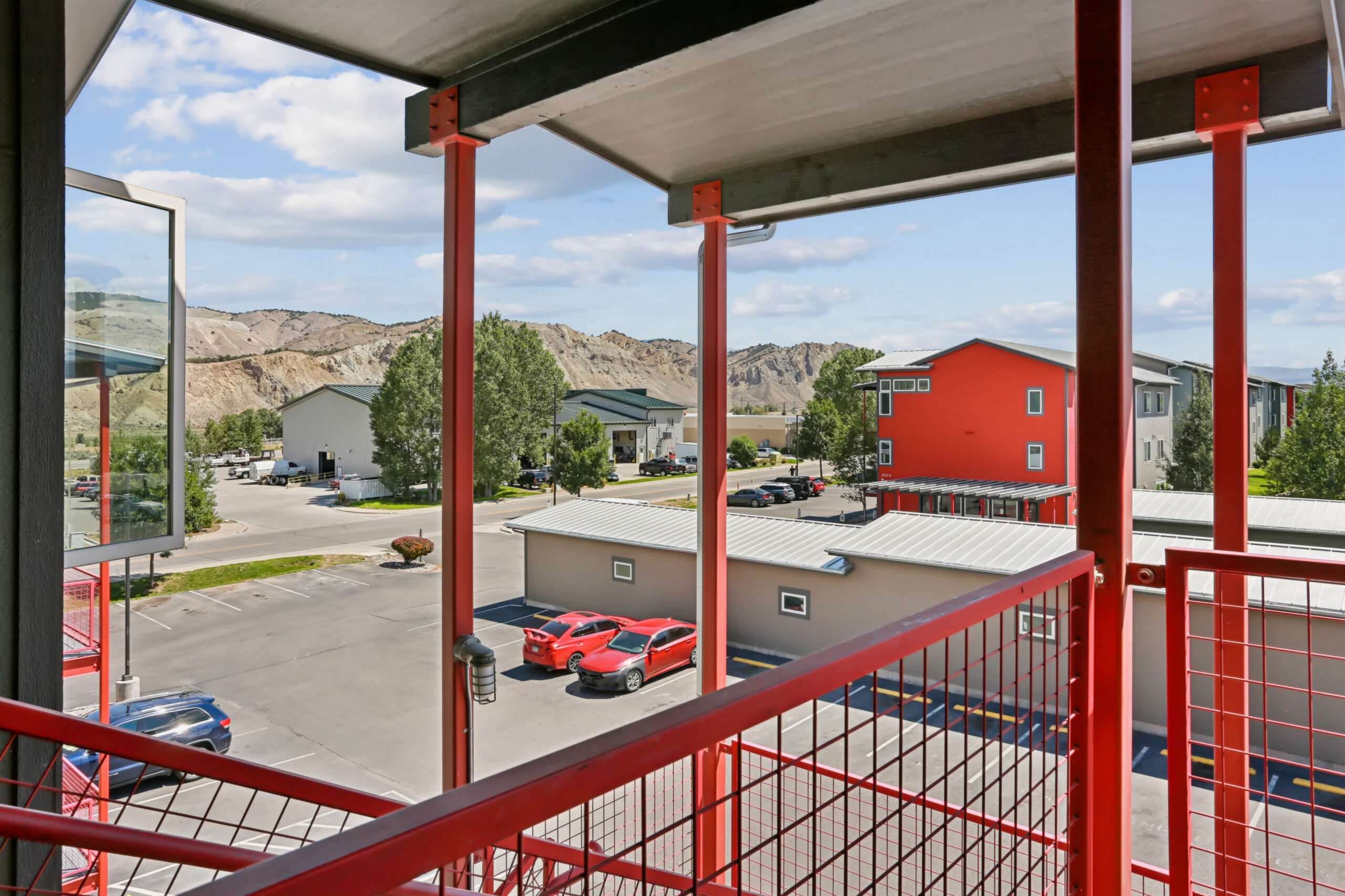View of foothills from apartment building walkway
