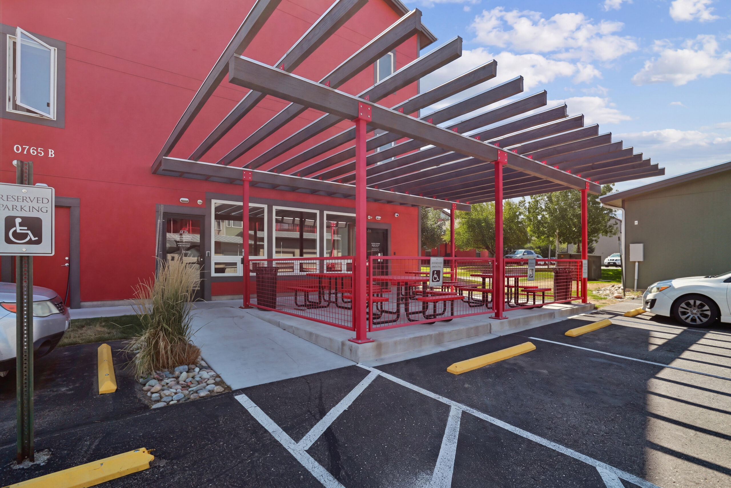 Outdoor pergola-covered picnic area