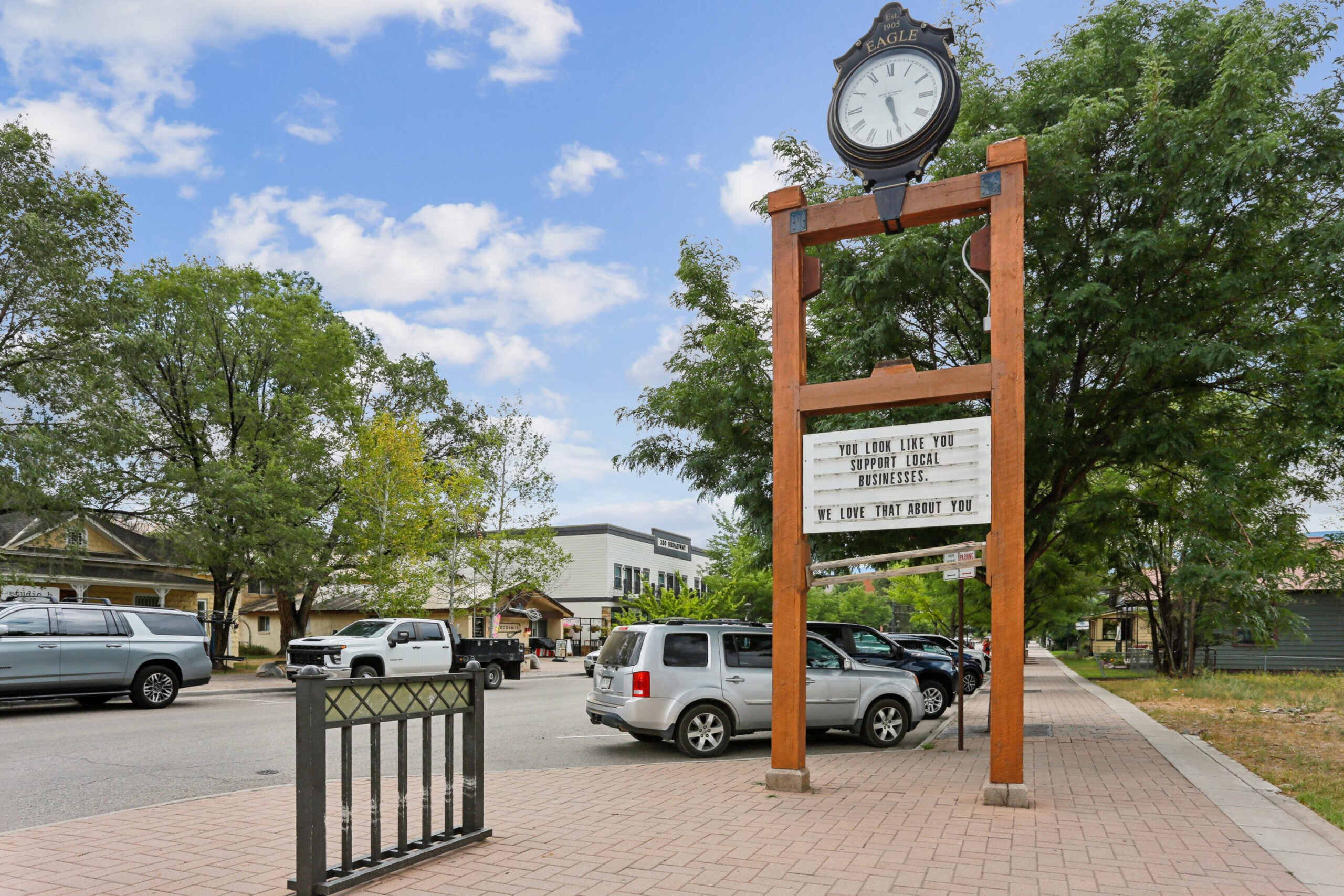 Clock tower and community message board in Eagle, CO