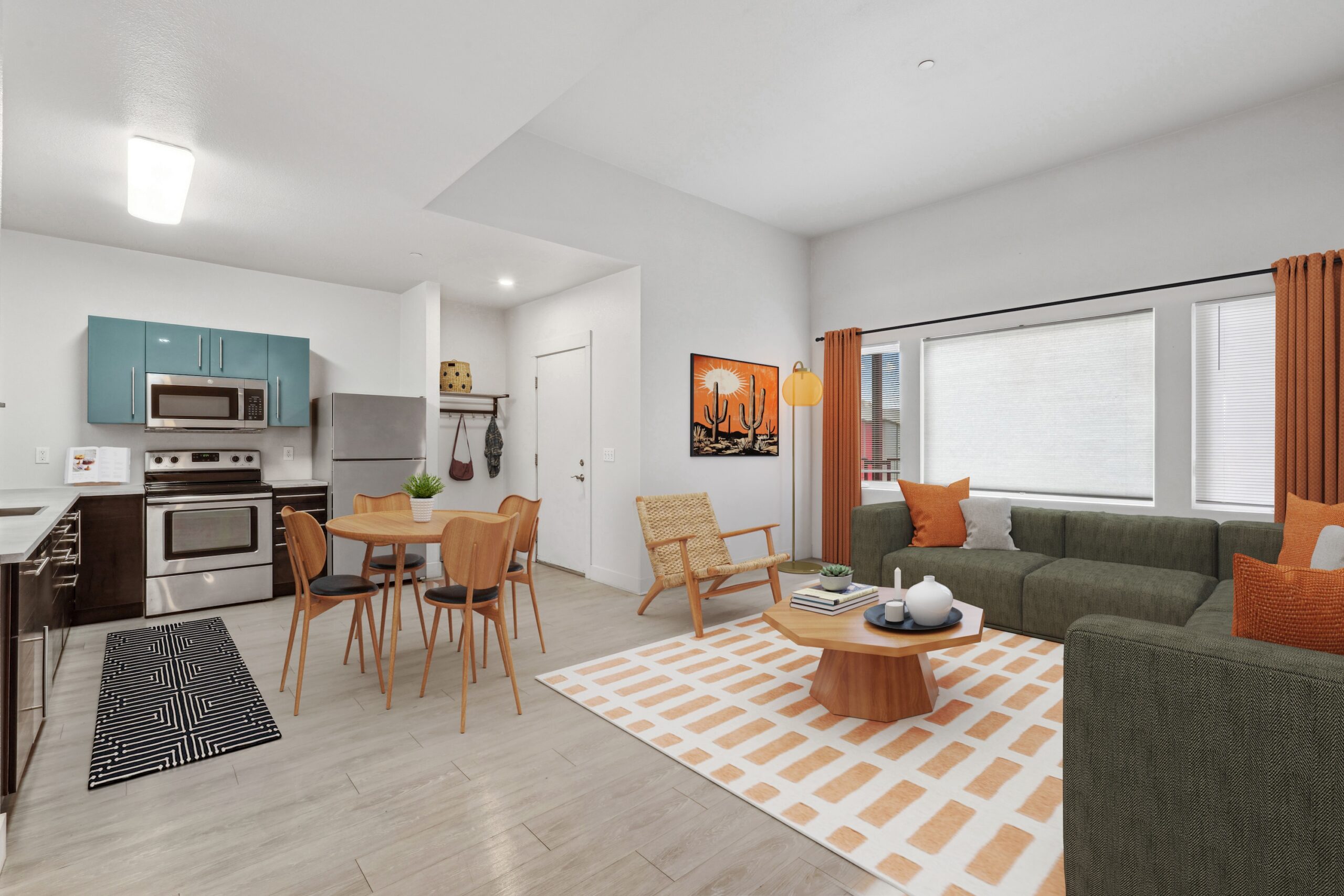 2 bed Kitchen and Living Red Table scaled