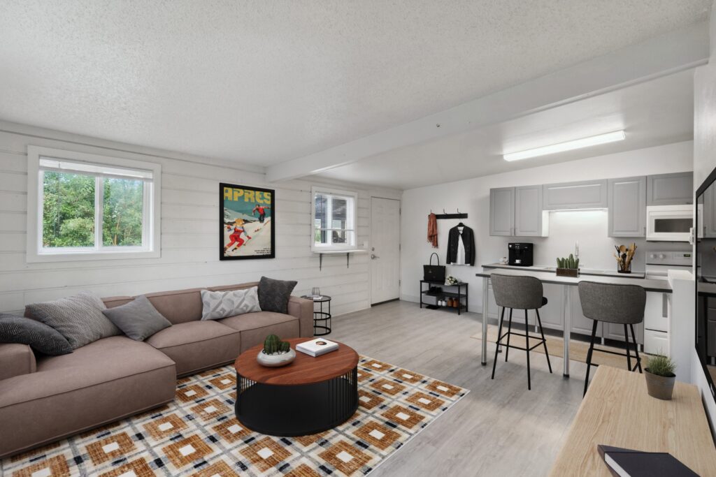 Tilt 2024 4 Open kitchen and living room of an efficient, modern apartment at Flats on 2nd
