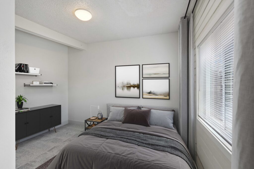 Tilt 2024 5 Model bedroom at the Flats on 2nd
